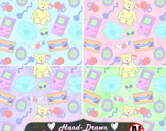 90s Nostalgia Seamless Pattern Bundle, Millennial Retro Aesthetic (JPEG PNG Digital Paper 12x12 in, 300 DPI) Personal and Commercial Use