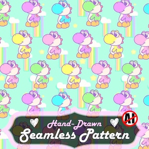 May include: A seamless pattern on a light mint green background featuring repeating cartoon dinosaur characters in pink, yellow, blue, and green, interspersed with small white clouds, rainbows, and yellow stars. Text reads Hand-Drawn Seamless Pattern.