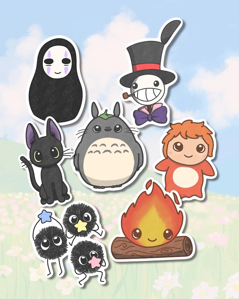 May include: A selection of anime-style character stickers in various colours. The stickers include a black cat, a large grey creature, a faceless figure, a character with a top hat, a red-haired character, a campfire, and several small, fluffy creatures.