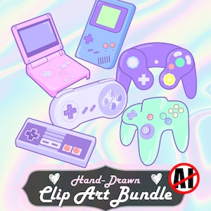 May include: A pastel-colored clip art bundle featuring various retro video game consoles and controllers. The image includes a pink and purple Game Boy Advance SP, a blue Game Boy, and several controllers in purple and green. The text "Hand-Drawn Clip Art Bundle" is also present.