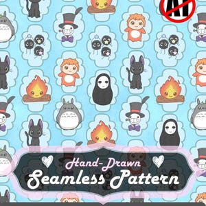 May include: A hand-drawn seamless pattern featuring various cartoon characters, including a black cat, a Totoro-like creature, a bonfire, and other whimsical figures. The design is set against a light blue background with a repeating cloud-like pattern. The image is 12x12 inches.