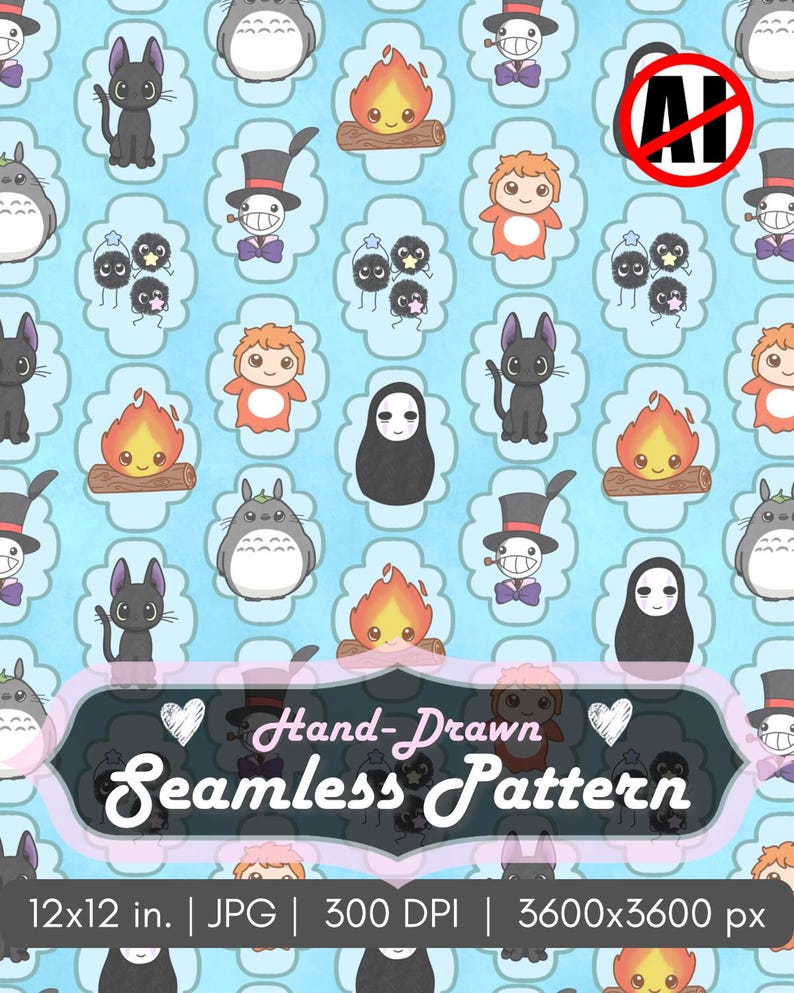 May include: A hand-drawn seamless pattern featuring various cartoon characters, including a black cat, a Totoro-like creature, a bonfire, and other whimsical figures. The design is set against a light blue background with a repeating cloud-like pattern. The image is 12x12 inches.