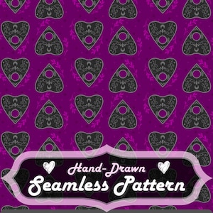 May include: A hand-drawn seamless pattern featuring repeating black planchette designs with ornate details on a purple background. The design includes a banner with the text "Hand-Drawn Seamless Pattern". The image dimensions are 12x12 inches.
