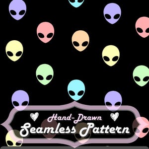 May include: A seamless pattern featuring colorful alien heads on a black background. The alien heads are in shades of pink, yellow, green, blue, and purple. The image also includes the text "Hand-Drawn Seamless Pattern".