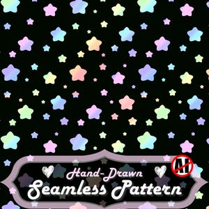 May include: A seamless pattern featuring hand-drawn, pastel-colored stars on a black background. The stars vary in size and are in shades of pink, blue, yellow, and green. The image includes the text "Hand-Drawn Seamless Pattern" and dimensions of 12x12 inches.