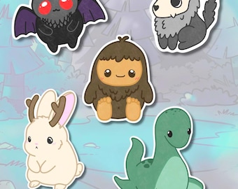 Cryptids Die Cut Stickers | Kawaii Aesthetic, Bigfoot, Mothman, Nessie, Jackalope, Wendigo Stickers | waterproof vinyl sticker set