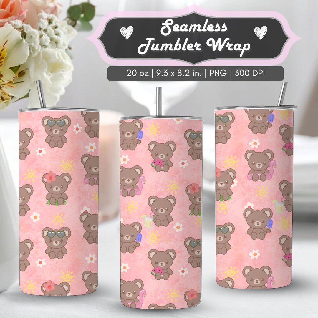 Summer Bears 20 Oz Tumbler Wrap PNG, Kawaii Teddy Seamless Sublimation ...