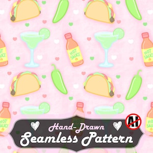 May include: A hand-drawn seamless pattern featuring tacos, margaritas, hot sauce bottles, and jalapeños on a pink background. The pattern includes the text "Hand-Drawn Seamless Pattern" and is 12x12 inches in size.