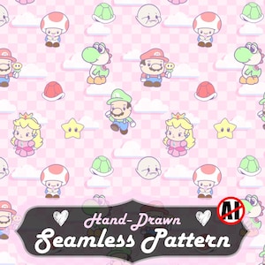 May include: A hand-drawn seamless pattern featuring cartoon characters from the Super Mario Bros. series, including Mario, Luigi, Princess Peach, Yoshi, and Toads, set against a pink checkered background. The pattern is 12x12 inches.