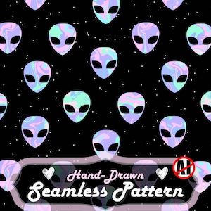 Könnte beinhalten: Nahtloses Muster mit Alien-Gesichtern in Pastelltönen von Lila, Blau und Grün auf schwarzem Hintergrund mit weißen Sternen. Der Text "Hand-Drawn Seamless Pattern" ist zu sehen. Bildabmessungen: 30,48 x 30,48 cm.