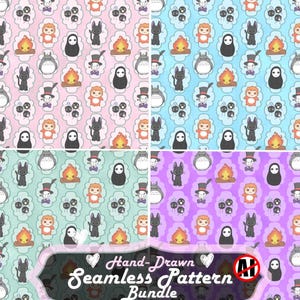 May include: A seamless pattern bundle featuring various cartoon characters on pastel backgrounds. The patterns include characters like Totoro, No-Face, and Calcifer. The image includes the text "Hand-Drawn Seamless Pattern Bundle" and dimensions of 12x12 inches.