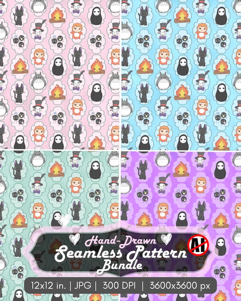 May include: A seamless pattern bundle featuring various cartoon characters on pastel backgrounds. The patterns include characters like Totoro, No-Face, and Calcifer. The image includes the text "Hand-Drawn Seamless Pattern Bundle" and dimensions of 12x12 inches.