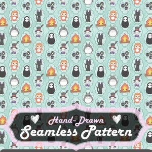 May include: A hand-drawn seamless pattern featuring cartoon characters and elements on a light blue background. The design includes a variety of characters, including a black cat, a spirit, a bonfire, and a character with a top hat. The pattern is 12x12 inches.