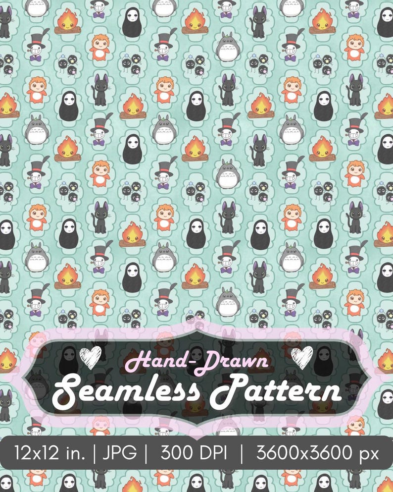 May include: A hand-drawn seamless pattern featuring cartoon characters and elements on a light blue background. The design includes a variety of characters, including a black cat, a spirit, a bonfire, and a character with a top hat. The pattern is 12x12 inches.