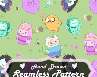 Adventure Seamless Pattern, Chibi Cartoon Style (JPEG PNG Digital Paper 12x12 in, 300 DPI)