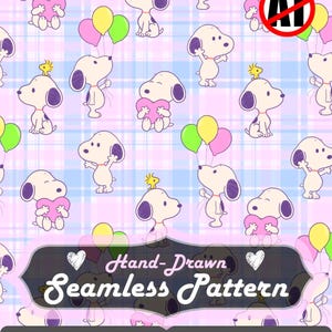 May include: A seamless pattern featuring Snoopy and Woodstock on a light blue and white plaid background. Snoopy is shown holding pink hearts or colourful balloons. The text reads Hand-Drawn Seamless Pattern, 12x12 in., JPG, 300 DPI, 3600x3600 px.