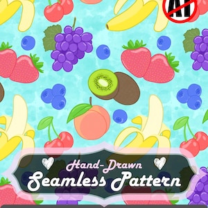 Fruit Seamless Pattern, Kiwi Banana Strawberry Grape Repeating Tile JPG, PNG 300 dpi