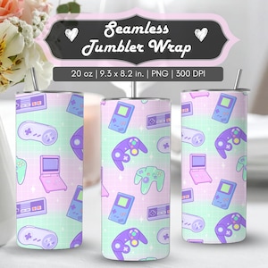 May include: Seamless tumbler wrap featuring a pastel gradient background with a grid pattern. The design includes various video game controllers and consoles in shades of purple, green, and blue. The tumbler is 9.3 x 8.2 inches.