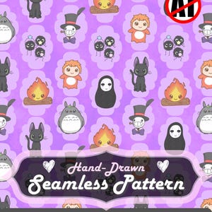 May include: A purple seamless pattern featuring various cartoon characters, including a black cat, a gray creature, a fire, and a character with a top hat. The text "Hand-Drawn Seamless Pattern" is displayed in a banner. The image is 12x12 inches.