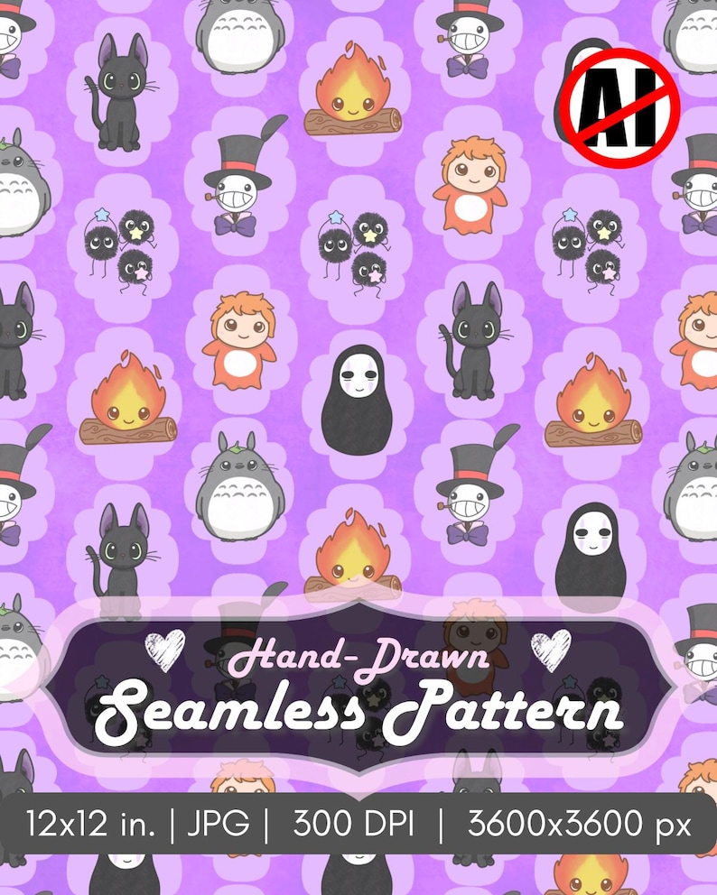 May include: A purple seamless pattern featuring various cartoon characters, including a black cat, a gray creature, a fire, and a character with a top hat. The text "Hand-Drawn Seamless Pattern" is displayed in a banner. The image is 12x12 inches.