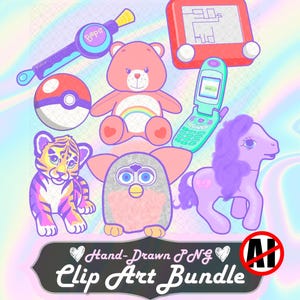May include: A digital illustration bundle featuring a purple Bop It game, a red drawing toy with 90s kid text, a pink bear with a rainbow, a red and white ball, a teal flip phone, a tiger cub, a Furby, and a purple pony, with Hand-Drawn PNG Clip Art Bundle text.