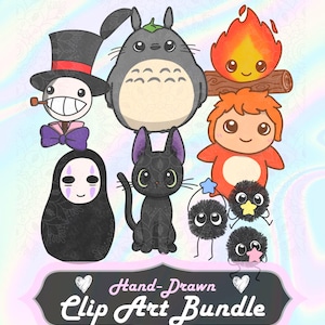 Puede incluir: Una ilustración digital con varios personajes de dibujos animados, incluyendo una criatura gris, un gato negro, una llama y pequeños duendes de hollín peludos. Una etiqueta oscura contiene el texto blanco Hand-Drawn Clip Art Bundle.