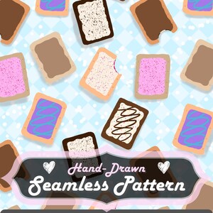 Może przedstawiać: Ręcznie rysowany bezszwowy wzór z różnymi kreskówkowymi ciastkami do tostera z różnokolorowymi polewami i nadzieniami. Ciastka ułożone są na jasnoniebieskim, w kratkę tle. Obraz zawiera tekst "Hand-Drawn Seamless Pattern".
