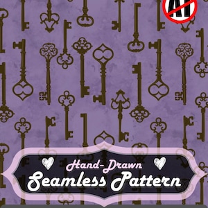 May include: A seamless pattern featuring various antique keys in shades of brown against a textured purple background. The design includes the text "Hand-Drawn Seamless Pattern" in a decorative banner. The image dimensions are 12x12 inches.