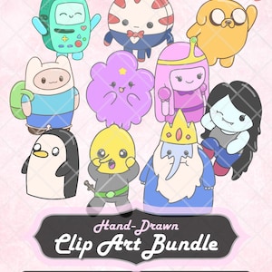 Może przedstawiać: Kolekcja kolorowych grafik postaci z kreskówki z serialu Adventure Time. Postacie obejmują Finna, Jake'a, Księżniczkę Bubblegum i Marcelinę. Obraz zawiera również tekst "Hand-Drawn Clip Art Bundle" oraz informacje o typie pliku.