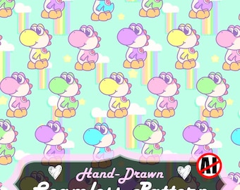 Yoshi Seamless Pattern, Chibi Cartoon Style (JPEG PNG Digital Paper 12x12 in, 300 DPI)