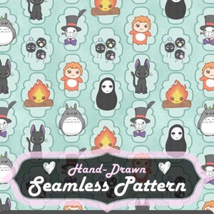 May include: A hand-drawn seamless pattern featuring various cartoon characters on a light teal background. The design includes characters like Totoro, a black cat, a smiling bonfire, and other whimsical figures. The pattern is 12x12 inches.