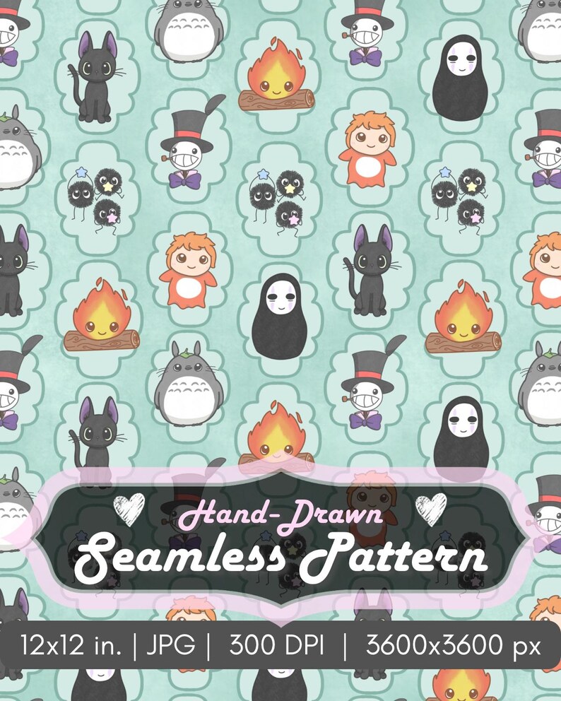 May include: A hand-drawn seamless pattern featuring various cartoon characters on a light teal background. The design includes characters like Totoro, a black cat, a smiling bonfire, and other whimsical figures. The pattern is 12x12 inches.