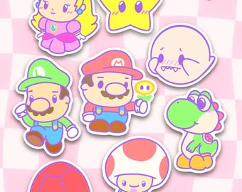 Super Mario Characters Die Cut Stickers | Kawaii Aesthetic, Chibi Yoshi, Peach, Toad, Luigi Waterproof Stickers
