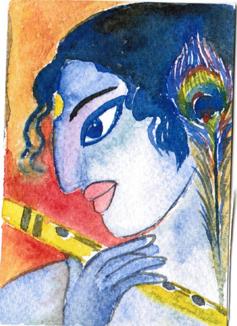 Flute Watercolor Krishna Hindu Mythology Geeta Original Etsy