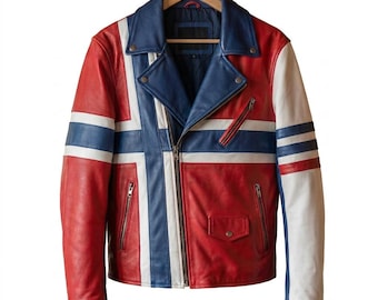 Handmade Norway Flag Leather Jacket, Red White Blue Biker Jacket, Norwegian Flag Motorcycle Jacket