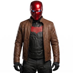 May include: A character wearing a metallic red full-face helmet with glowing blue eye slits, a brown leather jacket, a black shirt featuring a red bat-like emblem on the chest, black tactical gloves, and dark trousers with utility pockets.
