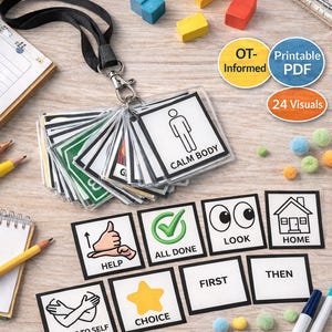 Op de afbeelding: Visuele cue cards voor gebruik in de klas, met pictogrammen en tekst voor routines en overgangen. De kaarten bevatten zinnen als "Rustig lichaam", "Klaar" en "Thuis". De afbeelding toont ook de tekst "OT-Informed" en "Printable PDF".