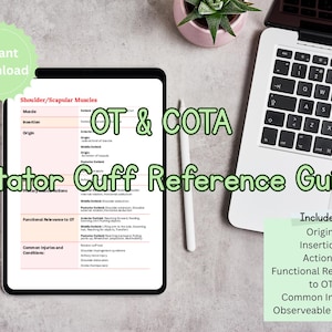 May include: A digital tablet displays a Rotator Cuff Reference Guide for OT & COTA, with sections on muscles, origin, insertion, and functional relevance. A laptop, pen, and small plant are also visible.