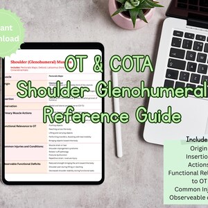 Könnte beinhalten: Ein digitaler Referenzleitfaden für OT & COTA-Fachleute, der auf einem Tablet angezeigt wird. Der Leitfaden behandelt die Schulteranatomie, einschließlich Ursprung, Ansatz, Aktionen, funktioneller Relevanz, häufiger Verletzungen und beobachtbarer Defizite. Ein Laptop und ein Stift sind ebenfalls sichtbar.