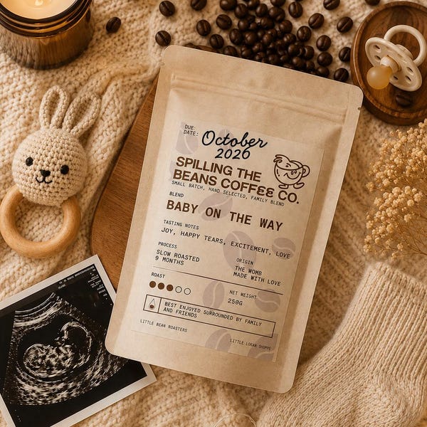 Pregnancy Announcement | Baby Reveal | Spilling the Beans Coffee Label Sticker | Café Bébé Party Gift