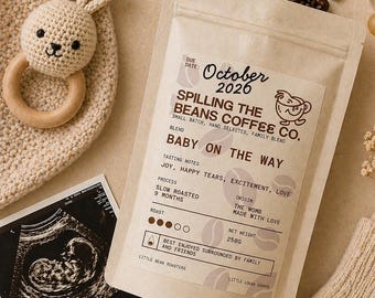 Pregnancy Announcement for Husband and Coffee Lovers | Spilling the Beans Coffee Label Sticker | Baby Reveal