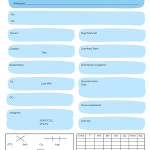 Puede incluir: Un formulario de evaluación médica con un diseño en azul claro y blanco. El formulario incluye secciones para información del paciente, historial médico y signos vitales. Tiene múltiples campos en blanco para notas y observaciones.