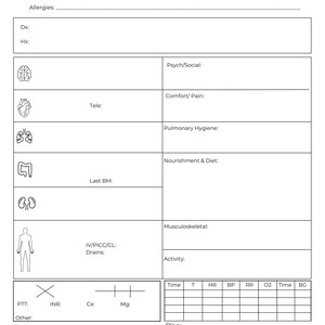 May include: A blank medical form with sections for patient information, medical history, and vital signs. The form includes spaces for details like allergies, medications, and a plan. The form is designed for healthcare professionals.