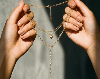 Collar de lazo en capas de oro, collar de cadena apilable, collares de varias capas, collar colgante, cadena en Y, cadena de estación, collar con colgante de corazón