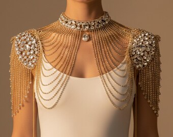 Gold shoulder jewelry, Bridal shoulder necklace, Crystal shoulder chain, Wedding body jewelry, Rhinestone epaulette,Statement shoulder piece