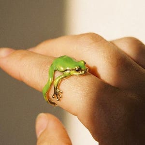 Könnte beinhalten: Ein grüner Froschring mit goldfarbenen Akzenten. Der Frosch sitzt auf einem Finger, wobei sich sein Körper um den Finger wickelt. Der Ring hat ein detailliertes Design, wobei die Augen und die Hautstruktur des Frosches sichtbar sind.