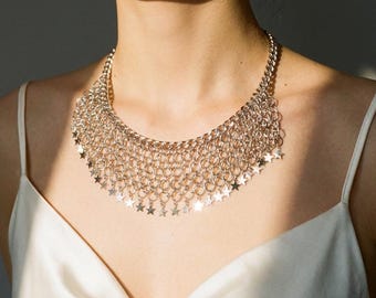 Zilveren ketting maliënkolder, middeleeuwse choker, statement alternatieve ketting, hemelse slabbetje kraag sieraden, maliën sieraden dames