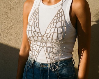 Crystal Body Chain Harness, Silver Rhinestone Chest Jewelry, Festival Outfit Accessory, Y2K Sparkly Top Overlay