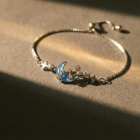 Crescent moon bracelet, Celestial bracelet silver, Whimsigoth bracelet adjustable, Witchy bracelet, Galaxy bracelet, Celestial jewelry