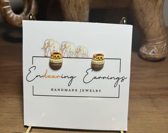 Honey Pot Stud Earrings – Bear Inspired Whimsical Jewelry – Stainless Steel Posts